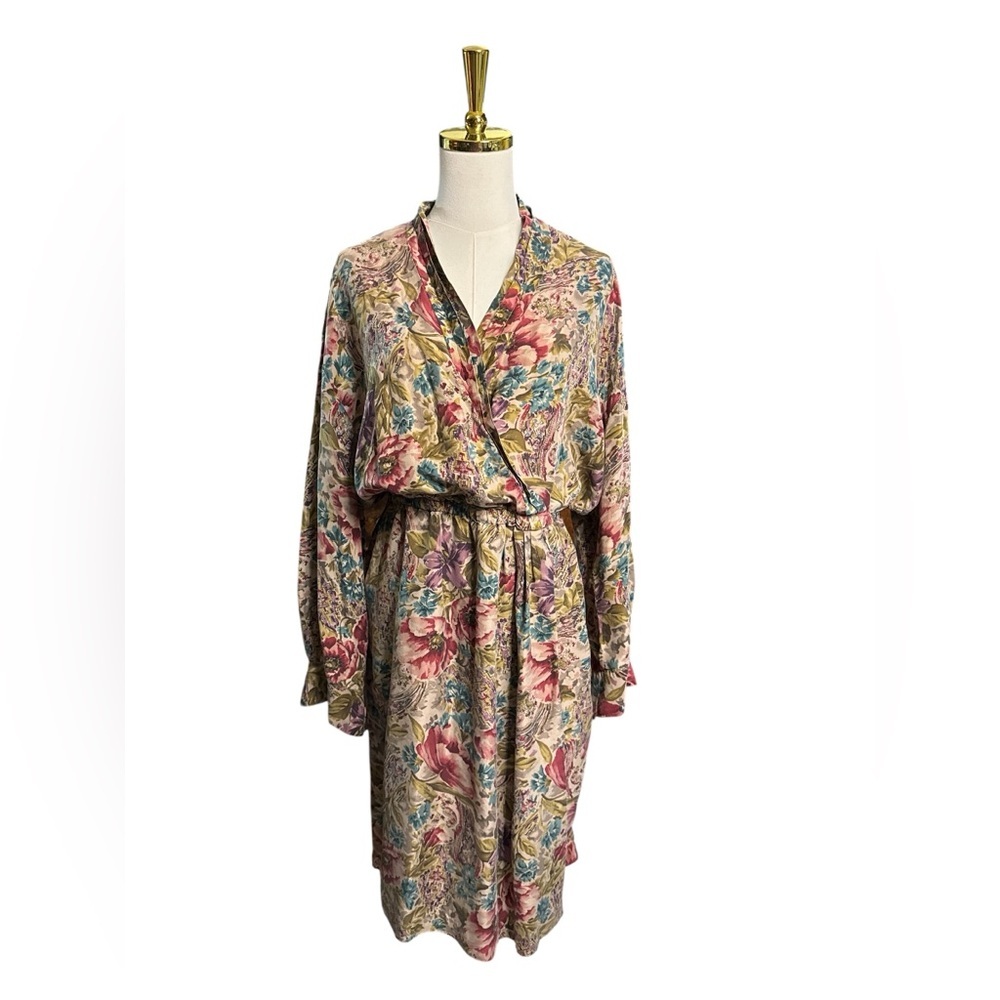 Vintage Pat Argenti 100 Silk Floral VNeck Midi Sleeved Dress Multicolor Size 12